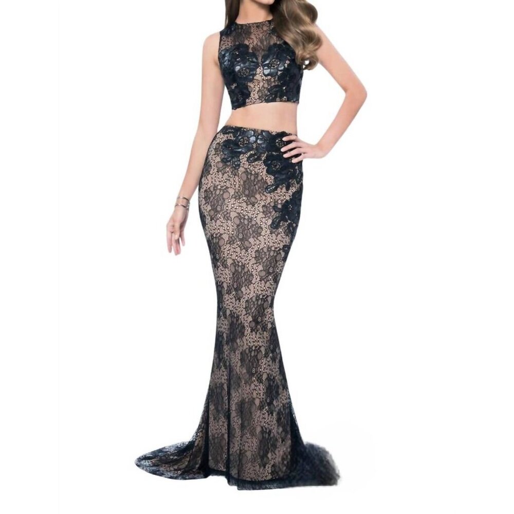 NWT Terani Couture Two Piece Lace Leather Applique Dress Black Nude SIze 0
